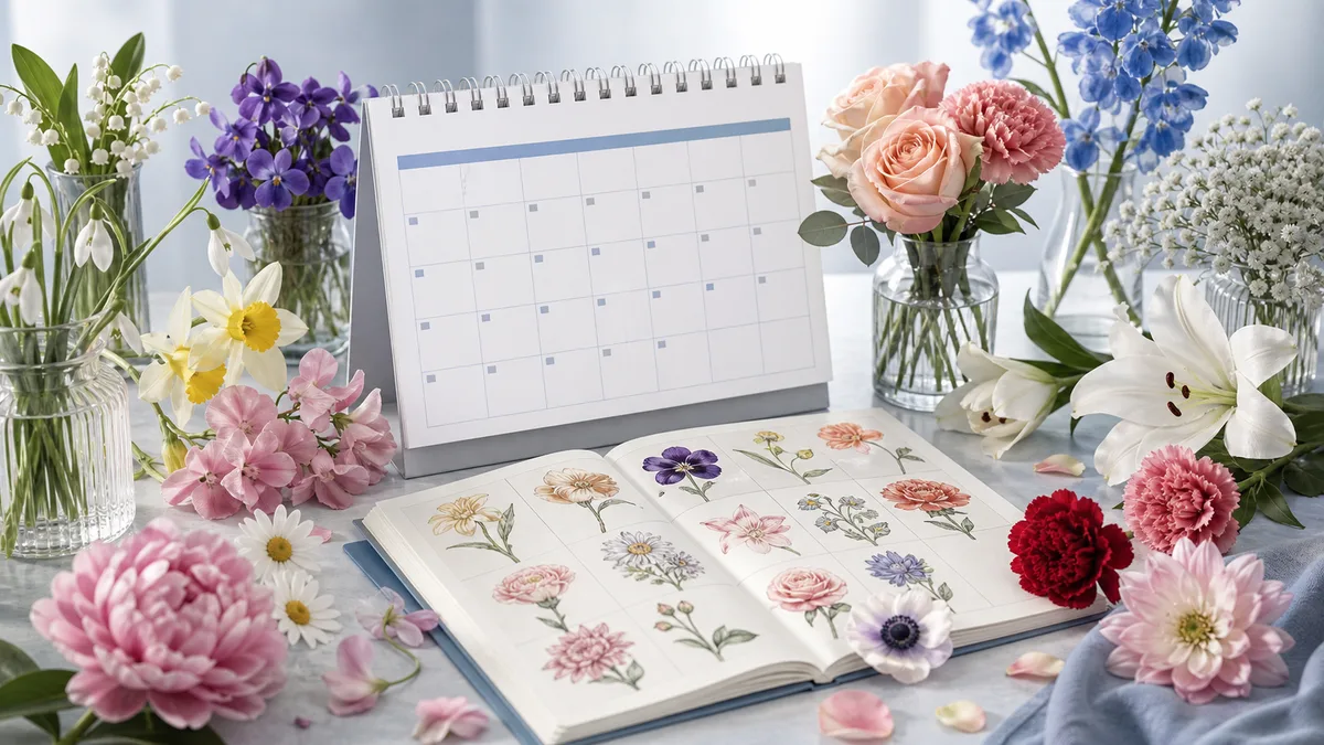 Editorial illustration for Birth Flower Chart by Month, Meanings, Colors, and Gift Ideas